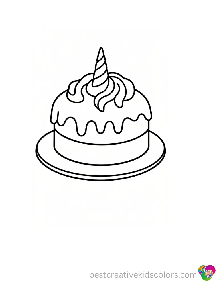 A large baked dessert wobbles dangerously on a glass plate in unicorn cakes coloring pages.