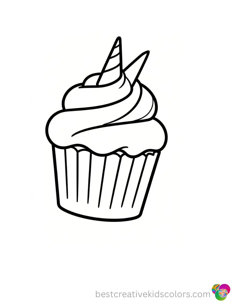 unicorn cupcake colouring pages shows a cute sweet treat tumbling heavily off a wooden desk.