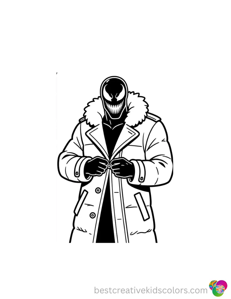 He is proudly buttoning a large winter coat on this exciting venom color page.