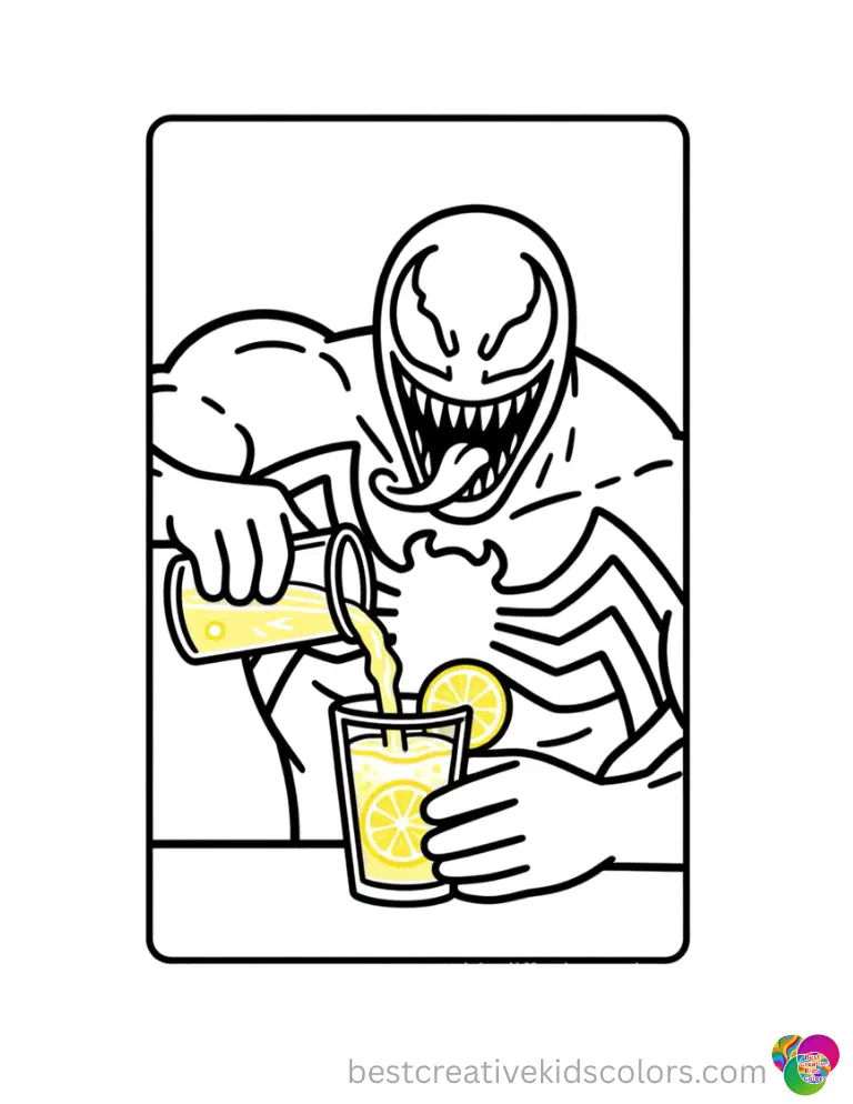 Color this exciting venom coloring sheet featuring him pouring fresh sweet lemonade.