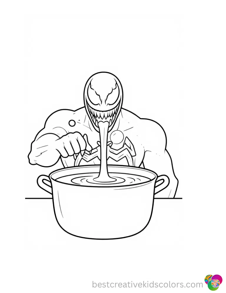 He is stirring a huge pot of thick hot soup on these fun venom coloring sheets.