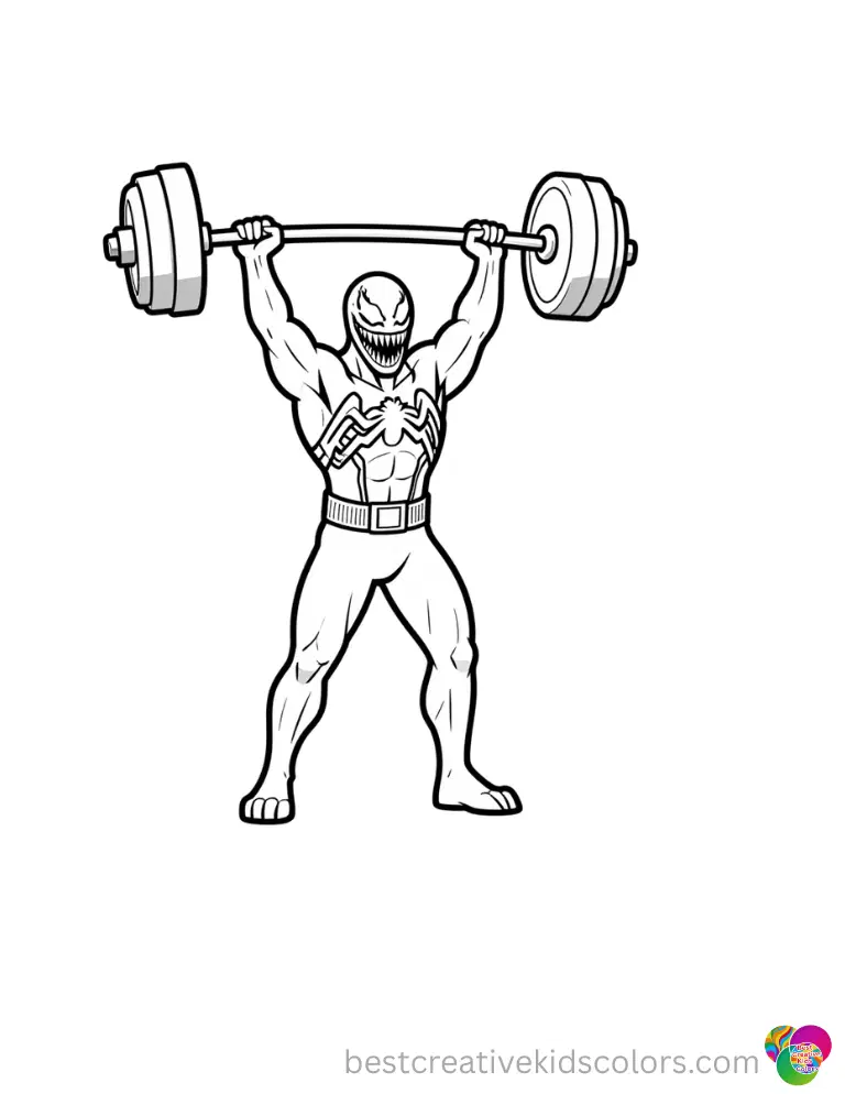 venom colouring pages feature him lifting a heavy iron barbell above his head.