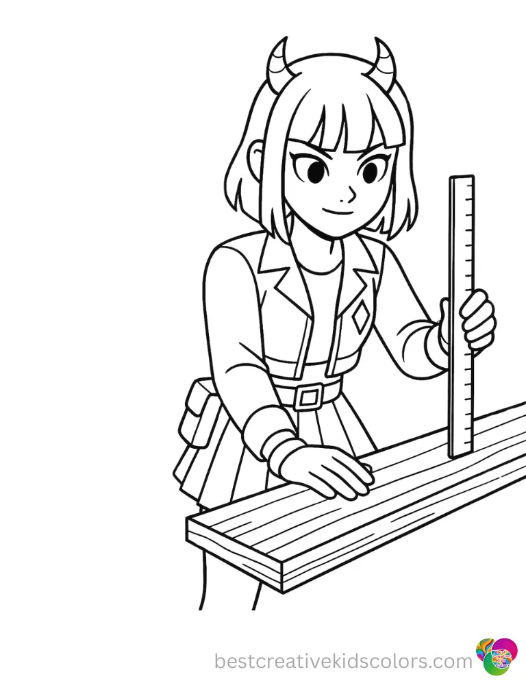 Zoey inside zoey kpop demon hunters coloring page safely measures a solid wooden plank.